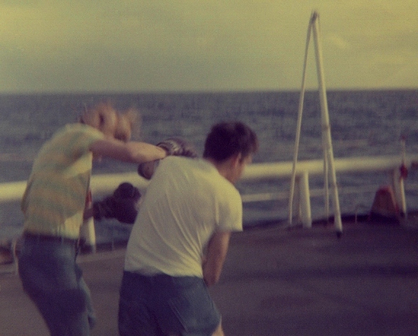 Ron Marlett's friends sparring on the Winnebago's fantail.